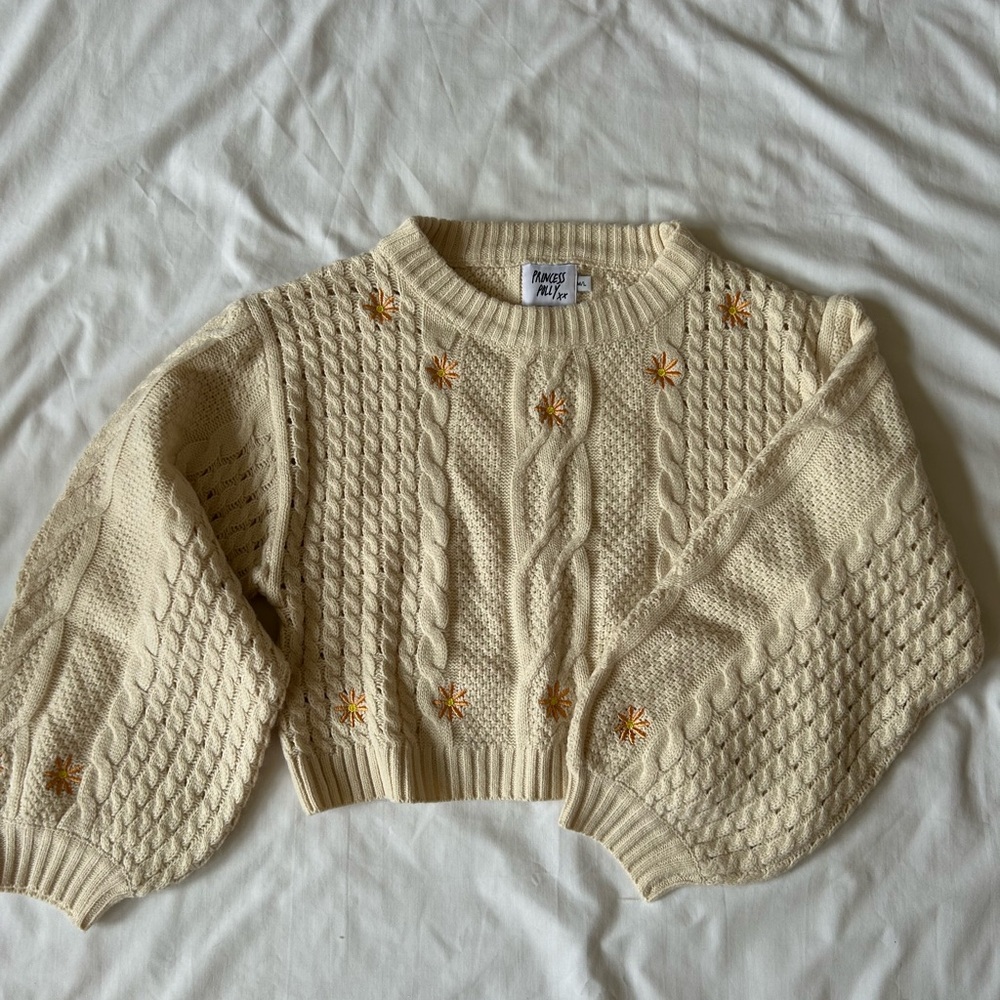 Princess Polly Cream Cable Knit Cropped Sweater with Yellow Floral Embroidery